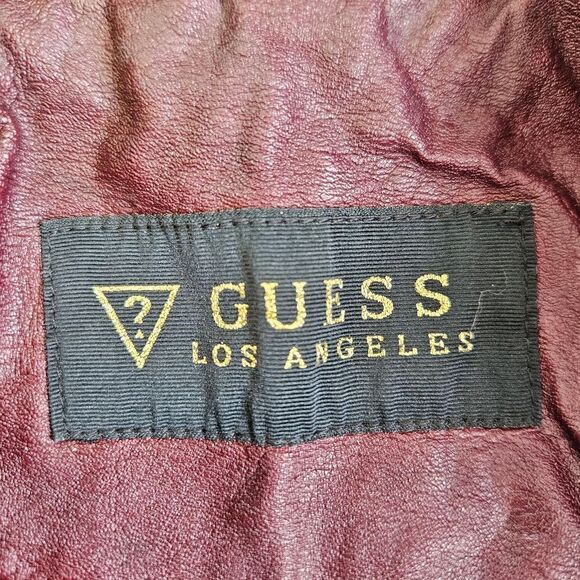 Vintage Guess '90s Burgundy Faux Leather Mandarin Neck Quilted Moto Jacket XL - Picture 13 of 16